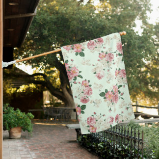 Pink on Green Vintage Floral House Flag