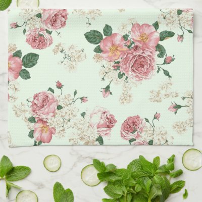 Pink on Green Vintage Floral Kitchen Towel
