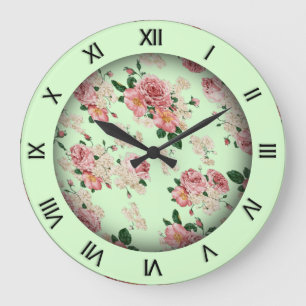 Pink on Green Vintage Floral Large Clock