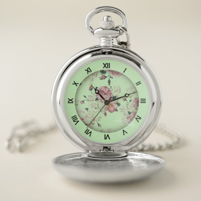 Pink on Green Vintage Floral Pocket Watch (Inside)