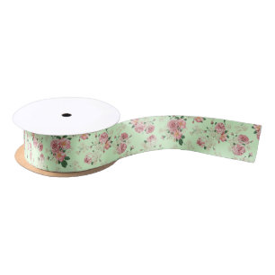 Pink on Green Vintage Floral Satin Ribbon