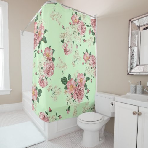 Pink on Green Vintage Floral Shower Curtain