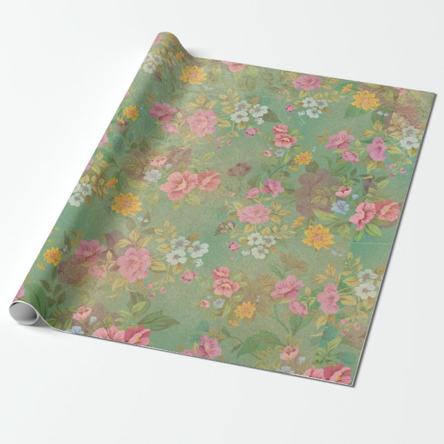 Pink on Green Vintage Wrapping Paper (Unrolled)