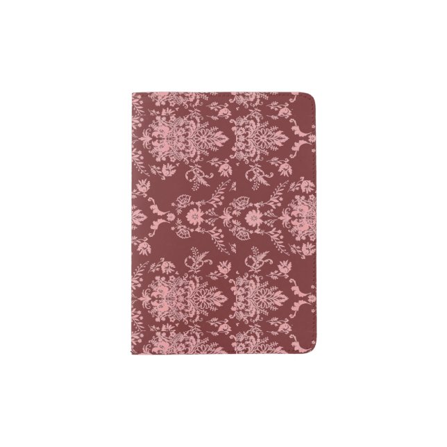 Pink on Maroon Damask Passport Holder (Front)