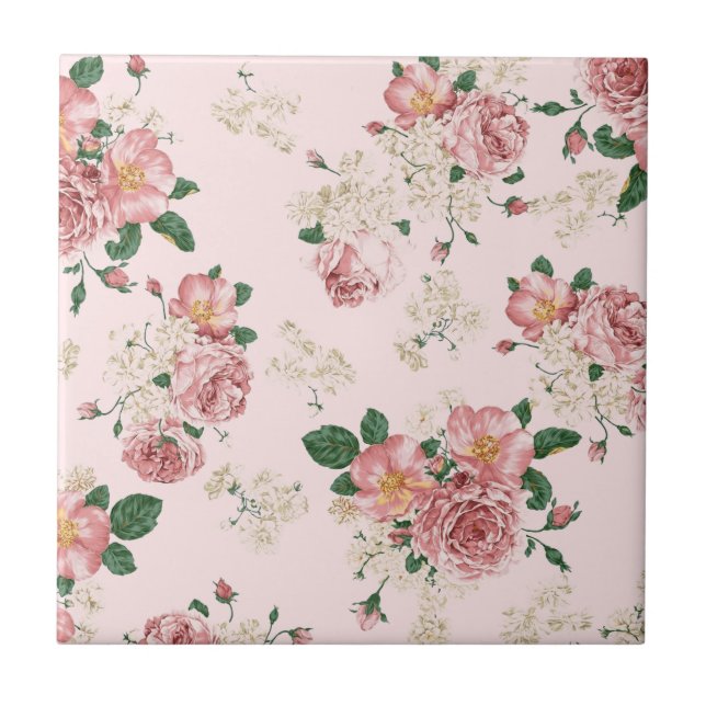 Pink on Pink Vintage Floral  Ceramic Tile (Front)