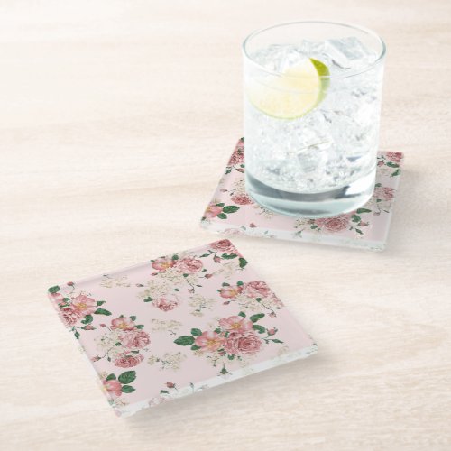 Pink on Pink Vintage Floral  Glass Coaster