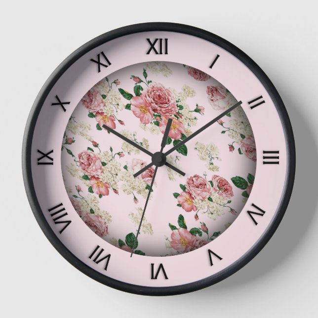 Pink on Pink Vintage Floral  Large Clock (Front)