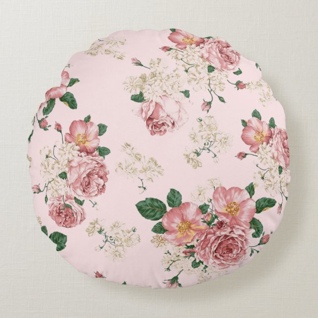 Pink on Pink Vintage Floral  Round Pillow (Front)