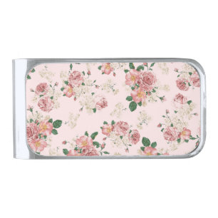 Pink on Pink Vintage Floral Silver Finish Money Clip