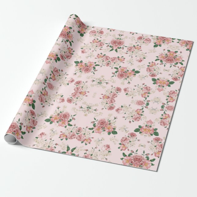 Pink on Pink Vintage Floral  Wrapping Paper (Unrolled)