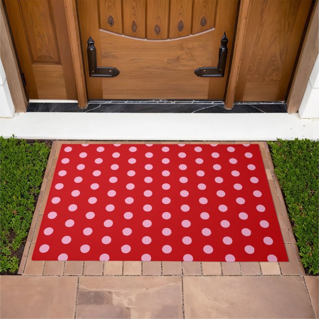 Pink on Red Polka Dots  Doormat (Outdoor)