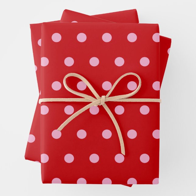 Pink on Red Polka Dots  Wrapping Paper Sheets (In situ)