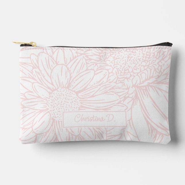  Pink on White Chrysanthemums with Name Accessory Pouch (Front)
