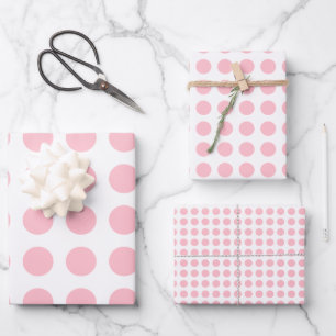 Pink on White Different Sizes Horiz. Polka Dots Wrapping Paper Sheets