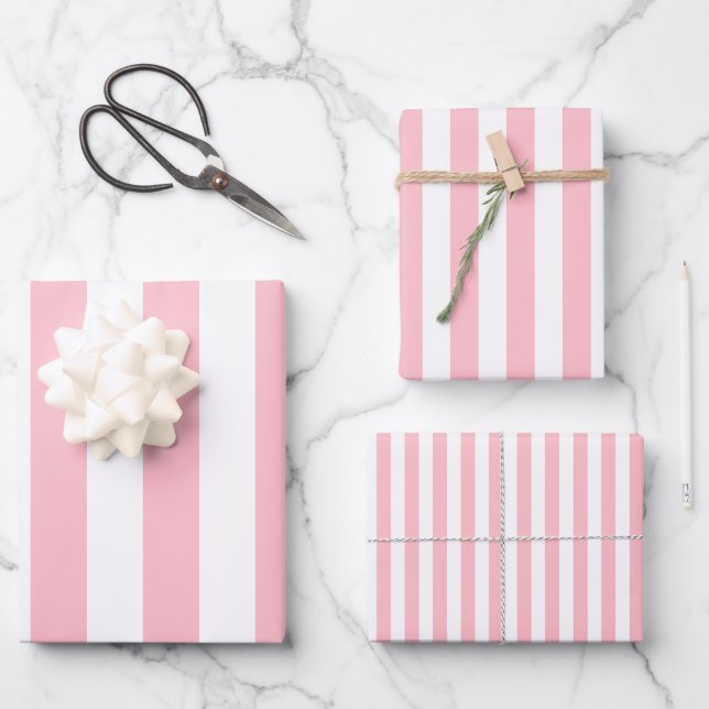 Pink on White Different Sizes Vertical Stripes Wrapping Paper Sheets (Front)