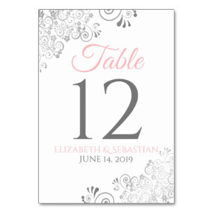 Pink on White Silver Filigree Simple Chic Wedding Table Number