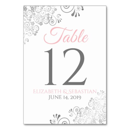 Pink on White Silver Filigree Simple Chic Wedding Table Number