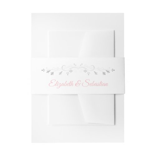 Pink on White Silver Flourish Elegant Wedding Invitation Belly Band