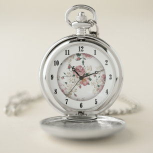 Pink on White Vintage Floral Black Numbers Pocket Watch