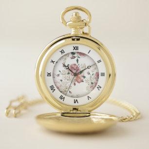 Pink on White Vintage Floral Pocket Watch