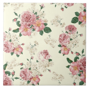 Pink on Yellow Vintage Floral Ceramic Tile