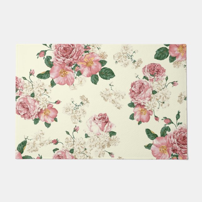 Pink on Yellow Vintage Floral  Doormat (Front)