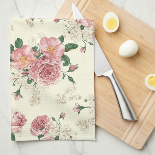 Pink on Yellow Vintage Floral  Kitchen Towel