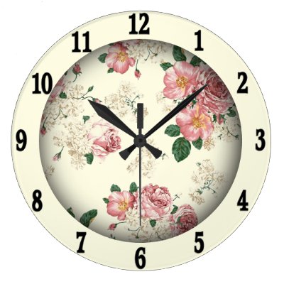 Pink on Yellow Vintage Floral  Large Clock