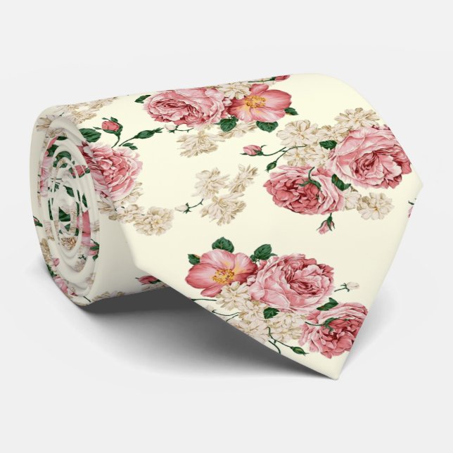 Pink on Yellow Vintage Floral  Neck Tie (Rolled)
