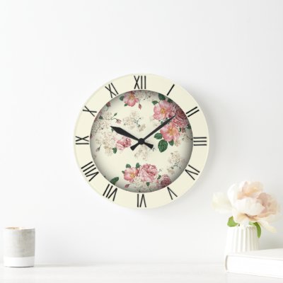 Pink on Yellow Vintage Floral Roman Numerals Large Clock