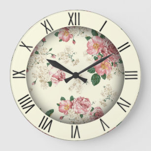 Pink on Yellow Vintage Floral Roman Numerals Large Clock