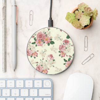 Pink on Yellow Vintage Floral  Wireless Charger