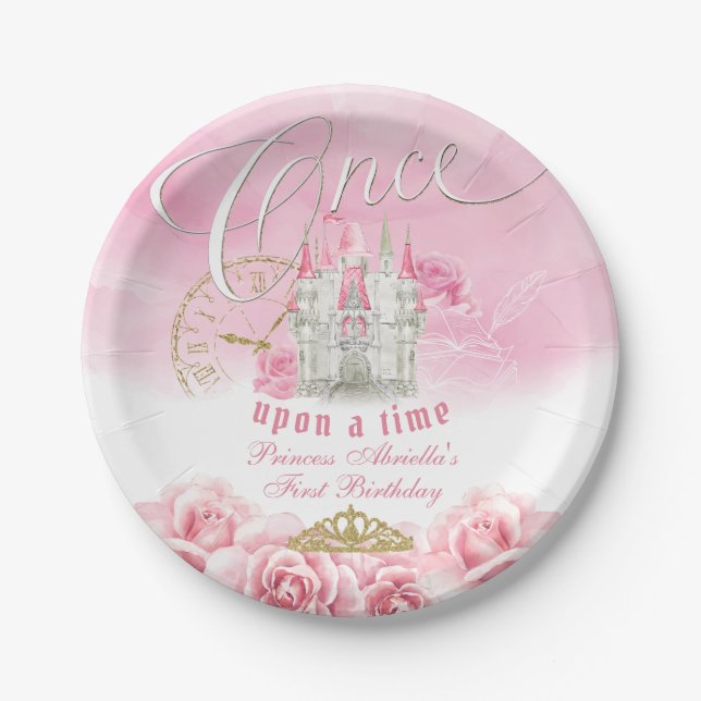 Pink Once Upon a Time Princess Birthday Paper Plates (Front)
