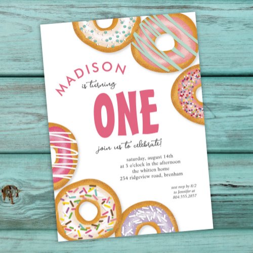 Pink One Donut First Birthday Party Invitation