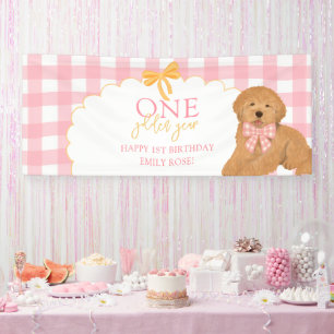 Pink One Golden Year Doodle Puppy 1st Birthday Banner