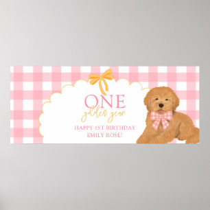Pink One Golden Year Doodle Puppy 1st Birthday Poster
