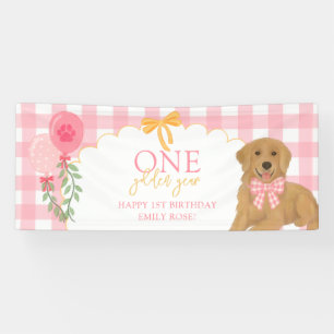 Pink One Golden Year Retriever Puppy 1st Birthday Banner