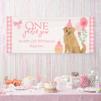 Pink One Golden Year Retriever Puppy 1st Birthday Banner