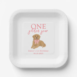 Pink One Golden Year Retriever Puppy Birthday Paper Plates