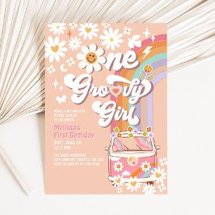 Pink One Groovy Girl Daisy Rainbow 1st Birthday Invitation
