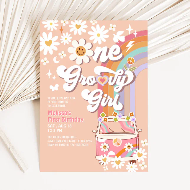 Pink One Groovy Girl Daisy Rainbow 1st Birthday Invitation | Zazzle