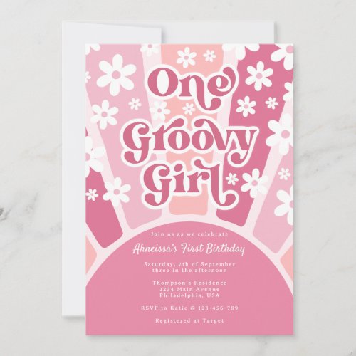 Pink One Groovy Girl Retro Rainbow First Birthday Invitation