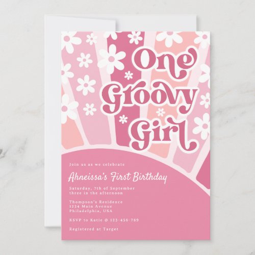 Pink One Groovy Girl Retro Rainbow First Birthday Invitation