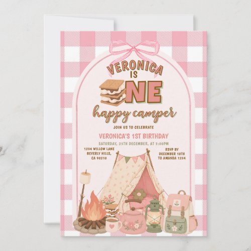 Pink One Happy Camper First Birthday Invitation
