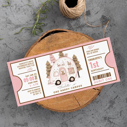 Pink One Happy Camper First Birthday ticket Invitation