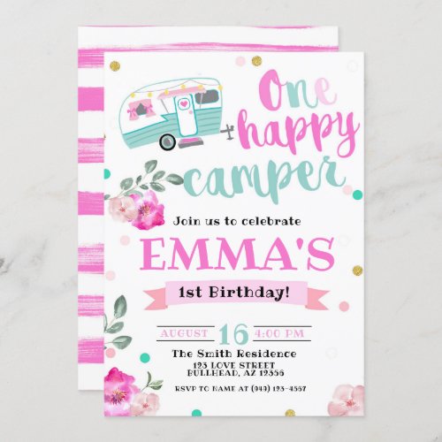 Pink One Happy Camper Watercolor 1st Birthday Invitation