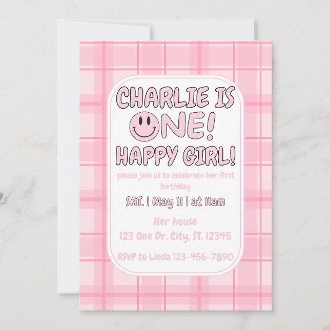 Pink One Happy Girl birthday Invitation (Front)