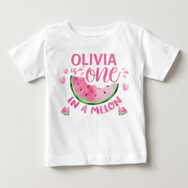 Pink One In A Melon 1st Birthday Baby T Shirt (Front)
