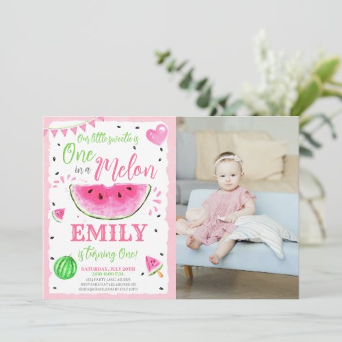 Pink One In A Melon 1st Birthday Photo Invitation