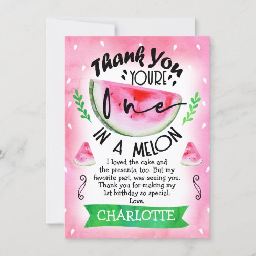 Pink one in a melon birthday thank you card